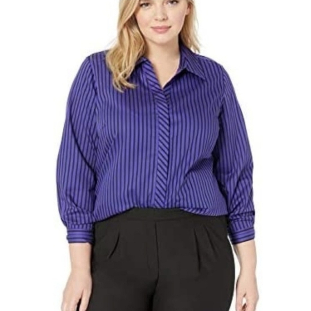 Foxcroft Heritage Non Iron Striped Button Down Long Line Tunic Shirt 4 Shaped